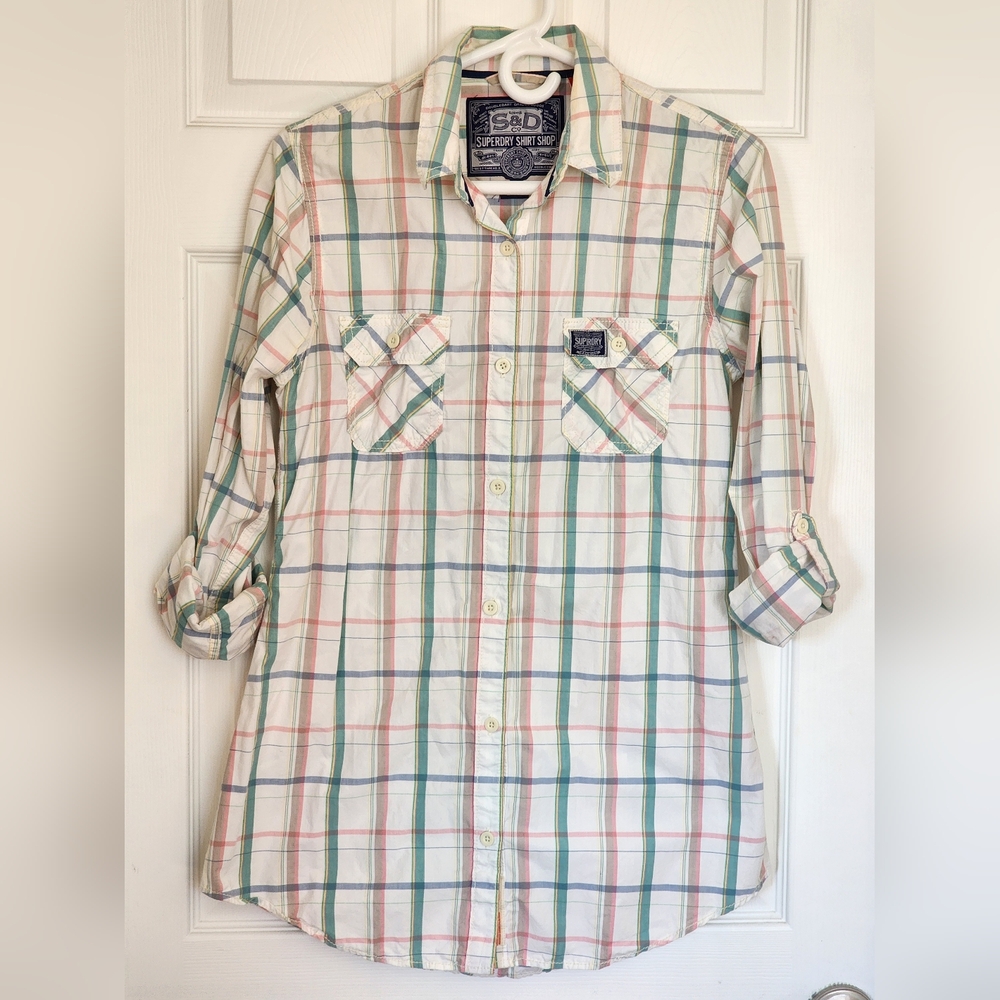 Superdry Ladies White Pastel PlaidLong Sleeve Long Style Button Up Shirt Size L